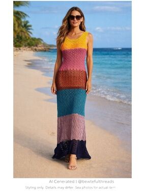 Gabrielle Union Crochet Maxi Dress Colorblock Open Knit Boho Resort Dress M